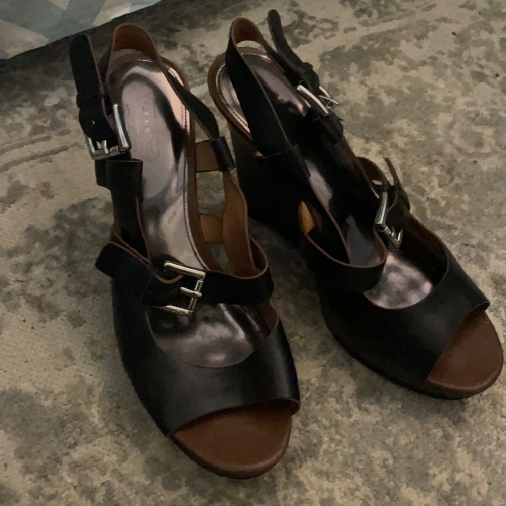 Coach black leather wedge heels